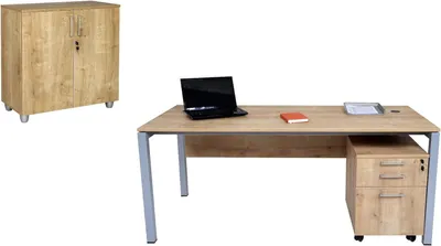 Produktbild von Schreibtisch Set Tetra, 180 cm, Saphir Eiche Nachbildung/silber, inkl. Schreibtisch, Rollcontainer mit 3 Schüben, Aktenschrank