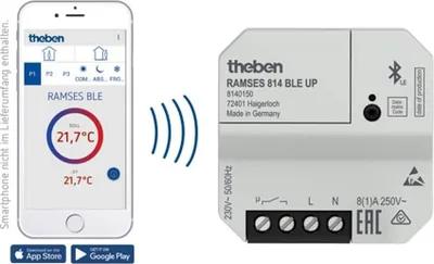A smartphone app interface and a smart home device are shown side-by-side, connected by a wireless signal icon.