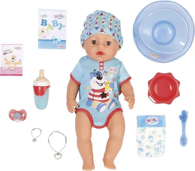 A baby doll with accessories laid out around it on a white background.