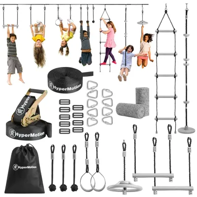 Obrázok produktu pre Ninja prekážková dráha pre deti – súprava na slackline a lezenie – 10 prekážok – XXL – zariadenie na hranie a cvičenie do záhrady – vhodné od 3 rokov