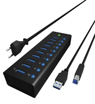 Produktbild von ICY BOX IB-AC6110, 10 Port USB 3.2 Gen 1 Hub, inkl. Ladeport, Aluminium Gehäuse mit Netzteil, USB 3.2 Gen 1 (3.1 Gen 1) Type-B, USB 3.2 Gen 1 (3.1 Gen 1) Type-A, 5000 Mbit/s, Schwarz, Aluminium, China
