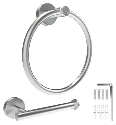 Image de Ensemble d'accessoires de salle de bain, comprenant 2 pièces : porte-rouleau de papier toilette et porte-serviette, en acier inoxydable avec finition nickel brossé