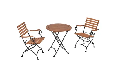 A set of outdoor furniture, consisting of two chairs and a table, displayed on a white background.