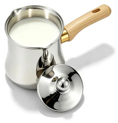 Türkische Kaffeekanne 720 ml Edelstahl mit Holzgriff und Deckel