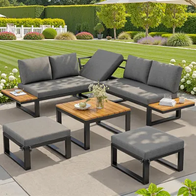 Produktbild von 6-teiliges Gartenlounge-Set verstellbar Lounge-Set mit Ecksofa Couchtisch 2 Hocker Stahlgestell Grau Beige