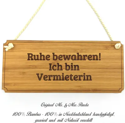 Produktbild von Mr. & Mrs. Panda Schild Vermieterin - Geschenk, Wegweiser, wandtafel, Geschenkidee, Rente, Shabby, Schenken, Bachelor, Werbeschild, Holz Türschild, Landhaus, Graviert