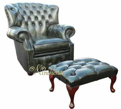 Productafbeelding van Chesterfield fauteuil, 1 zitter + hocker, design, leren bank, nieuwe staat, groen