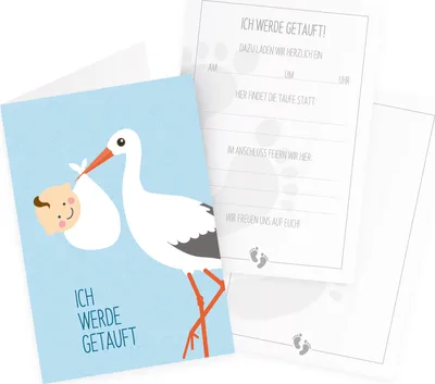 Produktbild von itenga 12x Klappkarten "Ich werde getauft" Storch mit Baby hellblau pastell
