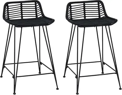 Imagen del producto de Juego de 2 taburetes negros, 44 x 45 x 76 cm. Taburetes de ratán y acero, diseño moderno, con reposapiés y respaldo, ideales para encimeras de cocina, islas de cocina y bares domésticos