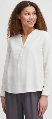 Produktbild von OXMO OXANJA Damen Bluse aus Leinenmix Shirt Langarm klassisch mit V-Ausschnitt und Knöpfen Regular Fit und Knöpfbare Ärmel