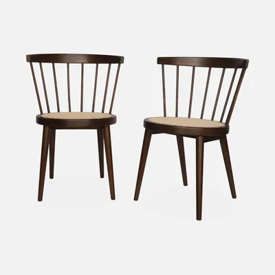 Immagine prodotto di Set di 2 sedie in legno e rattan intrecciato, stile vimini, Marrone scuro