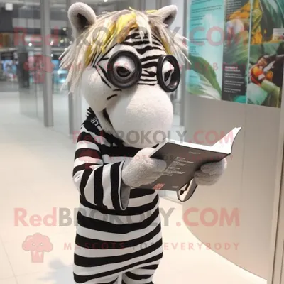 Produktbild von Nan-Zebra REDBROKOLY Maskottchen kostüm gekleidet in ein Minikleid und eine Lesebrille