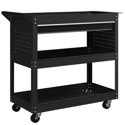 Produktbild von Dreistöckiger Werkbankwagen – Werkstattwagen aus Stahl – Mit Schubladen, seitlichen Werkzeugablagen und Griffen – 82 x 35 x 76 cm – Schwarz