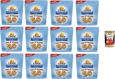 Produktbild von CÉRÉAL SENZA ZUCCHERI Cuor di Nocciola Kekse ohne Zuckerzusatz, mit Haselnuss- und Kakaocreme, Frischesparpackung,12x 180g+ Italian Gourmet polpa 400g