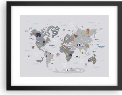 Produktbild von Gerahmtes Poster - Schwarzer Rahmen - Karte die Welt Kontinente - 40x30 cm - Wand Bild - Wanddeko - Wandbilder - Kunstposter - Wandposter - Bilderrahmen - Bilder - Kunstdruck - P2BAA40x30-5033