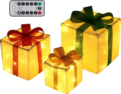 Produktbild von 3er-Set beleuchtete Weihnachtsgeschenkboxen mit Schleife, LED-beleuchtete Geschenkboxen für drinnen und draußen, für Haus, Veranda, Weihnachtsbaum und Partydekoration