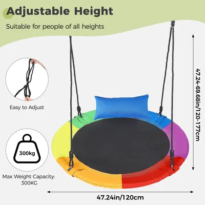 Produktbild von Bunte Regenbogen Baumschaukel - Runder Tellerschaukel Sitz 120 cm - Ø 120 cm - Höhenverstellbar - Abnehmbares Kissen - Für Kinder und Erwachsene - Mehrfarbig