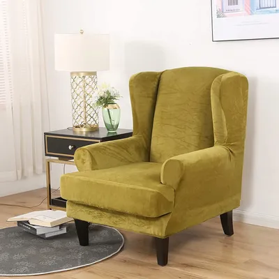 Obrázek produktu pro Velvet Wing Chair Covers 2 Piece Chair Covers Slipcover Elastický kryt křesla Sofa Cover Stretch Protective Cover Kryt křesla pro Wing Chair, žlutý