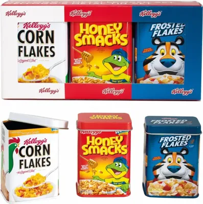 Produktbild von tanner DER KLEINE KAUFMANN TANNER Deco - Kelloggs Metalldosen Set, mit abnehmbaren Deckel, Zubehör für Kaufmannsladen, lebensmittelechtes Design, 0085.6