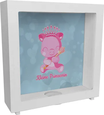 Produktbild von Kleine Prinzessin Rahmen Spardose aus Holz mit niedlichem Schweinchen
