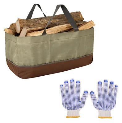 Image de Sac à bois de chauffage avec gants, grande capacité, robuste, dimensions : 61 x 28 x 30 cm