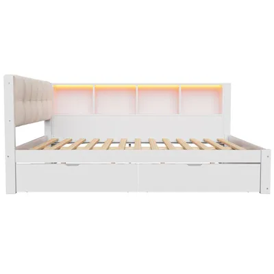 Produktbild von Flieks Tagesbett 140x200cm mit Schubladen, Jugendbett Doppelbett mit Led und Usb, Schlafsofa Holzbett Sofabett mit Regal, Gästebett Weiß