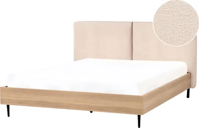 Obrázek produktu pro BELIANI Rám postele béžový buklé manželská postel 160 x 200 cm čalouněné čelo kovové nohy dřevěný lamelový rošt moderní styl ložnice