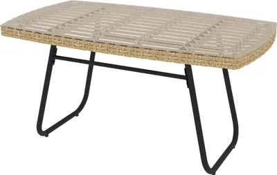Obrázek produktu pro Polyratanový zahradní stůl, 90 x 50 x 45 cm, UV odolný odkládací stolek se skleněnou deskou, obdélníkový zahradní stůl, balkonový stůl na zahradu, terasu, balkon přírodní dřevo