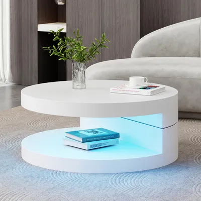 Immagine prodotto di Tavolino da divano 70x70x35,5 cm, 100% MDF, bianco; tavolino rotondo da divano da 70 cm con piano girevole a 360° e striscia LED