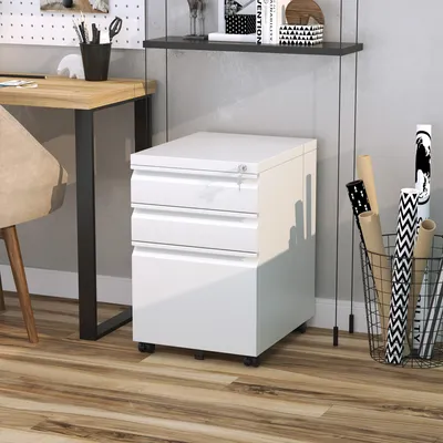 Productafbeelding van Rolcontainer, 39 x 48 x 60 cm, met 3 lades, kantoorkast van gepoedercoat staal, 4 wielen, afsluitbaar, met opbergruimte voor papier en archief, kleur: wit