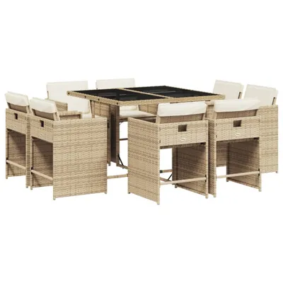 Produktbild von 9-tlg. Garten-Essgruppe mit Kissen Beige Poly Rattan