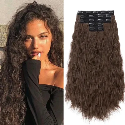 Produktbild von Clip in Extensions Lockig 60 cm Hellbraun (#8) 5er Set 250g Synthetik Haarverlängerung
