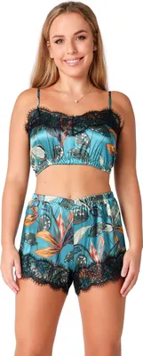 Produktbild von Bellivalini Damen Schlafanzug Zweiteiler Top mit Trägern Pyjama aus Satin V-Ausschnitt Muster BLV50-266 (Smaragdblätter, XS)