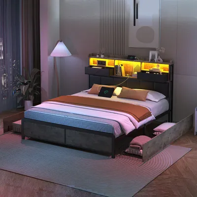 Produktbild von ProximaX Doppelbett Polsterbett Metallbett 140x200cm mit Lattenrost, Jugendbett mit Led und USB, Stauraumbett mit 4 Schubladen, für Erwachsene und Junioren, Staufunktion, Metall, Braun