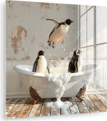 Produktbild von MuchoWow Glasbilder - Bilder auf Wandbild - Foto auf Glas Vintage - Pinguin - Badewanne - Schaumstoff 30x30 cm Wanddekoration aus Glas - Acrylglasbild - Acrylbilder