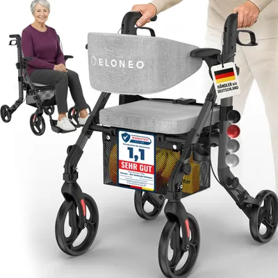 Produktbild von ELONEO 2in1 Rollstuhl Rollator faltbar und leicht mit Sitz, Outdoor Rollator Rollstuhl faltbar, Aluminium Gehhilfe für Senioren - Schwarz