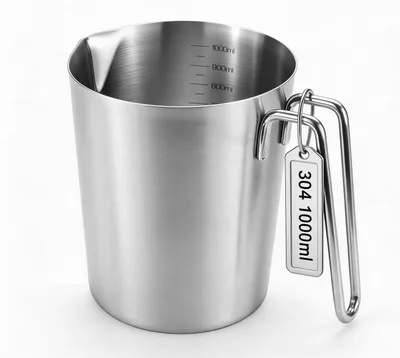 Produktbild von Messbecher Edelstahl 1L mit Feinskala, Griff, Ausgießrand, spülmaschinengeeignet