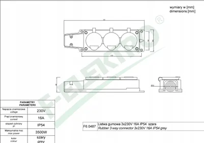 Imagen del producto de F-Elektro: Regleta de enchufes de goma, 3 enchufes de 230V, 16A, IP54, color gris