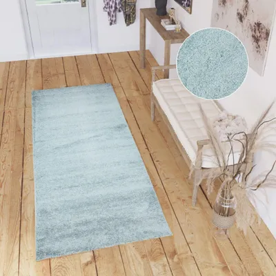 Obrázek produktu pro Koberec Tapiso, běhoun, plyšový, vysoký vlas, světle modrá barva, jednobarevný, moderní, vhodný do obývacího pokoje nebo ložnice, rozměry 80 x 300 cm
