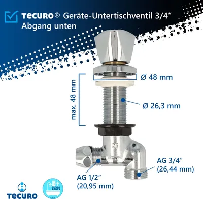Produktbild von tecuro Geräte-Untertischventil 3/4 Zoll, Abgang unten, zum Absperren von Geräten