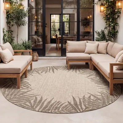Produktbild von Volero - Outdoor Teppich Rund - Tiga Edge Taupe - Ø 160 cm - Wohnzimmer, Balkon, Garten, Terrasse - Boho, Ländlich, Modern
