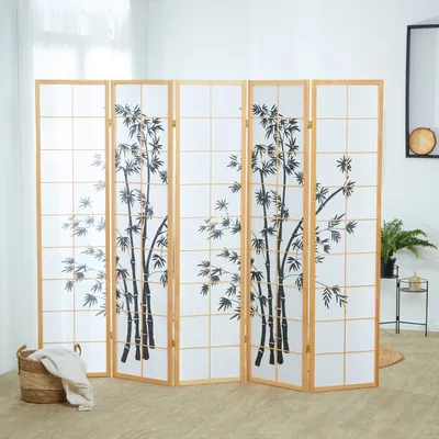 Produktbild von Homestyle4u Paravent Raumteiler 5 teilig Holz Natur Reispapier Weiß Motiv Bambus Höhe 179 cm Indoor