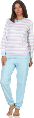 Produktbild von Damen Frottee Schlafanzug mit Bündchen Pyjama in edler Streifenoptik - 202 201 13 362 ; hellblau , 40/42