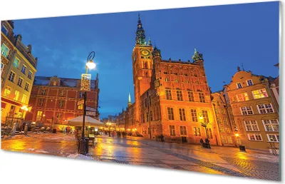 Produktbild von Glasbilder 140x70 Wandkunst Danziger Altstadt Nacht Kirche