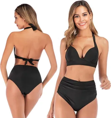 Zdjęcie produktu dla Bikini komplet strój kąpielowy czarny wysoki stan usztywniany wiązany L