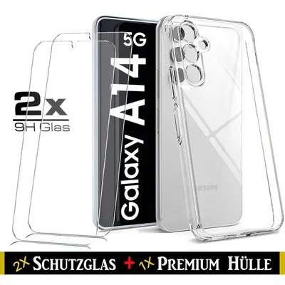 Produktbild von Für Samsung Galaxy A14 4G 5G Silikon Transparent Hülle + 2X Panzerglas Echt Glas Display Schutzglas