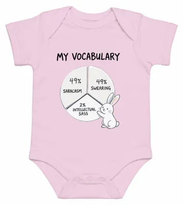 Immagine prodotto di Il mio vocabolario: 49% sarcasmo, 49% parolacce, 2% arguzia. Coniglietto, body rosa, taglia 3/6
