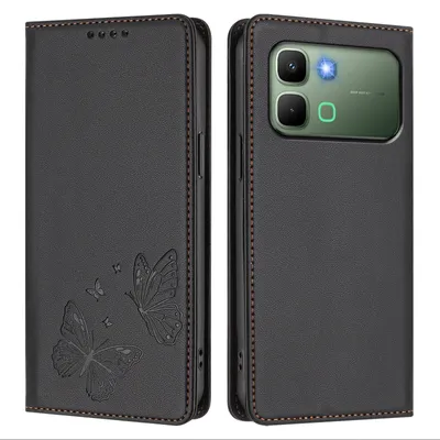 Image de Étui en cuir pour Infinix Note Edge, étui de protection type portefeuille en cuir gaufré motif papillon avec support, noir