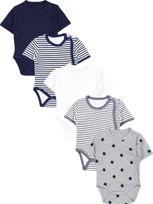 Produktbild von TupTam Baby Jungen Kurzarm Wickelbody Baumwolle Body 5er Set , Farbe: Streifen Blau Streifen Grau Sterne Blau Weiß Navy, Größe: 62