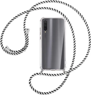 Produktbild von Handykette Backcover-Schutzhülle mit Band (Metall silberfarben) für Xiaomi Mi 9 Lite / CC9 - schwarz/weiß gestreift